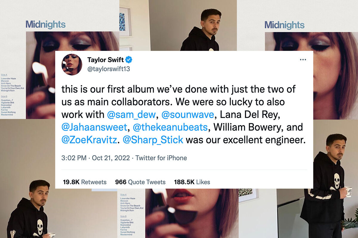 Screenshot of a tweet from Taylor Swift: this is our first album we've fine with just the two of us as main collaborators. We were so lucky to also work with @sam_dew, @sounwave, Lana Del Rey, @Jahaansweet, @thekeanubeats, William Bowery, and @ZoeKravitz. @Sharp_Stick was our excellent engineer.