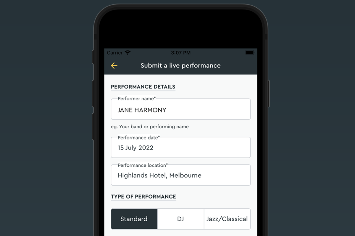 A mobile phone displaying the APRA AMCOS app screen for submitting live performances.