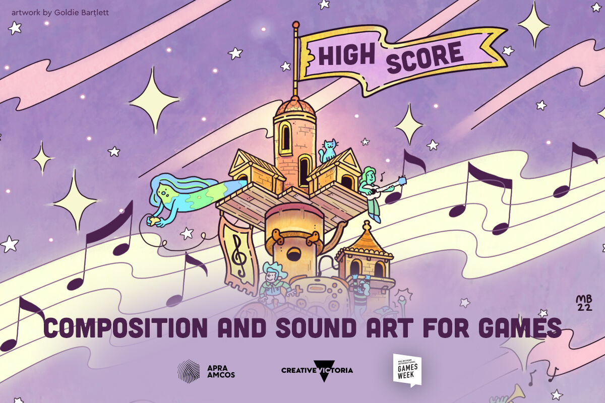 Illustration of a castle built by music with starry background and music notes. Art by Goldie Bartlett.