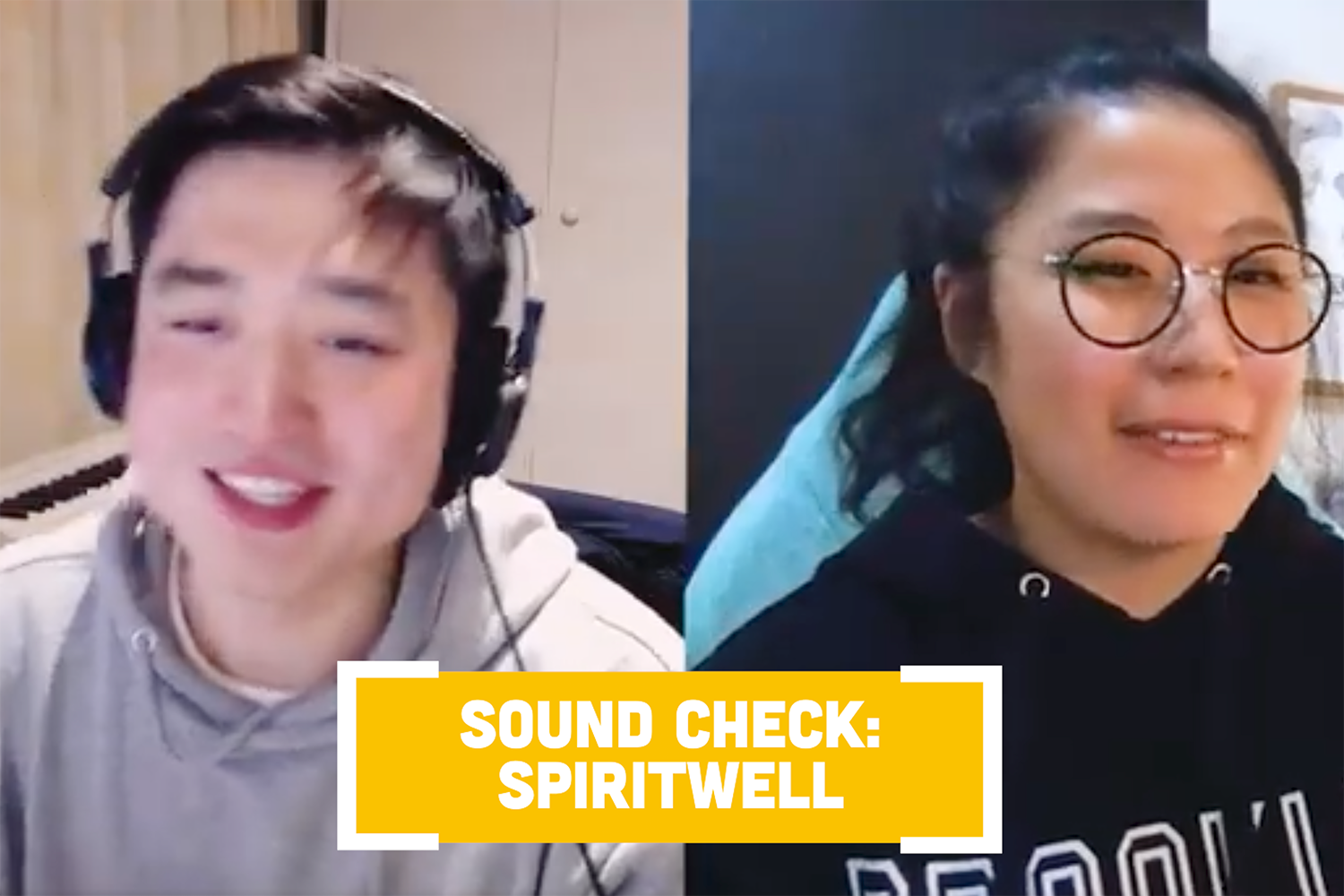 Spiritwell creator David Chen and composer Danna Yun splitscreen with title SoundCheck Spiritwell