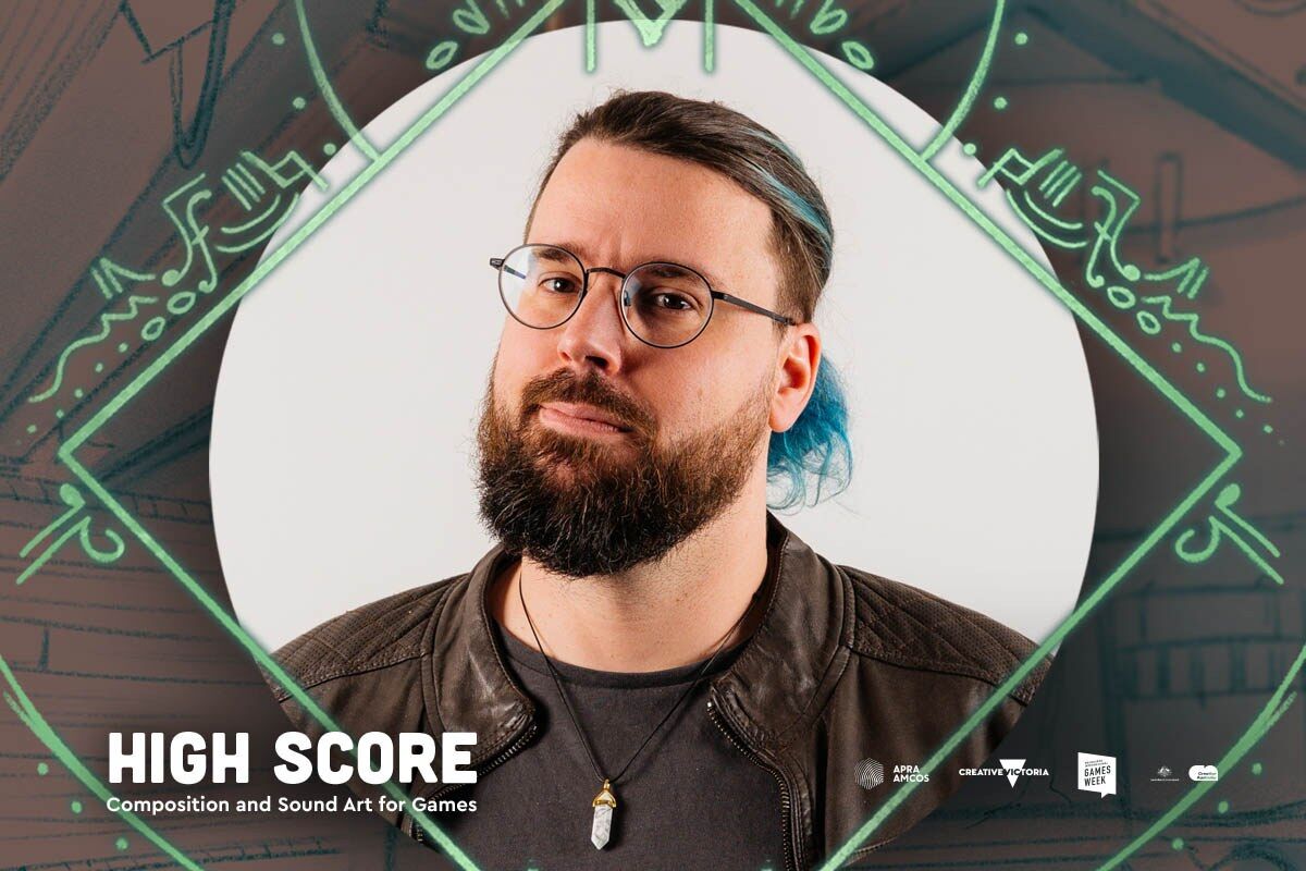 Image of High Score curator Cameron Lam. They are wearing glasses, a brown beard, and have a low ponytail with blue hair. Around their photo is stylised computer game graphics, with the text reading: High Score.