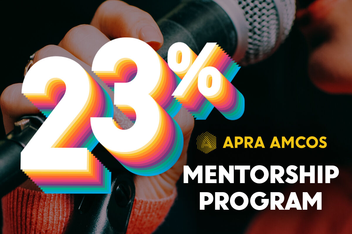 Close-up background image of a woman singing into a mic. Over the image reads the text '23% Mentorship Program - APRA AMCOS'.