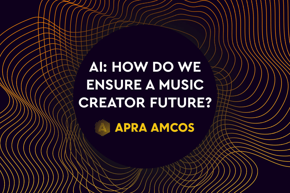 Text on wavy futurist lines AI; How do we ensure a music creator future