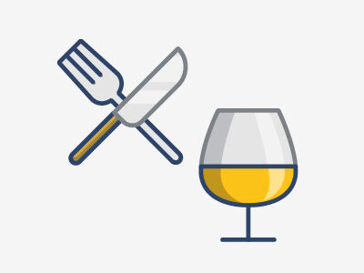 Icons - knife and fork crossed over each other and a glass filled halfway with liquid
