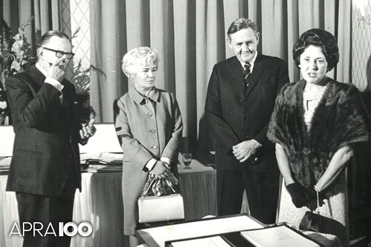 Image L-R: Sir Bernard Heinze, Mr and Mrs John Gorton, Dorothy Dodd. Credit: APRA AMCOS