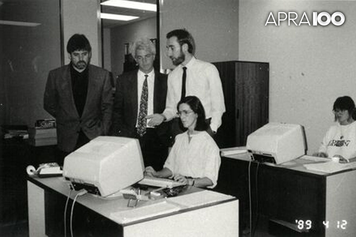 Staff in APRA Sydney office including Andy Stern and Linda Courtney, 1989. Credit: APRA AMCOS