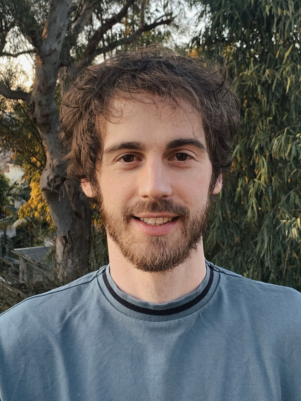 Daniel is standing outside, with trees in the background. He is looking at the camera, smiling. He has dark brown hair and a beard, and is wearing a blue tshirt.