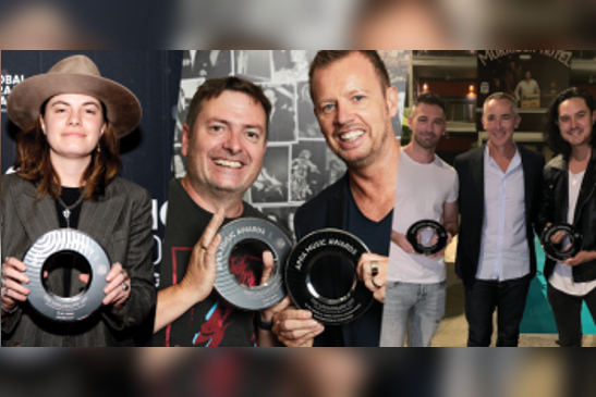 A collage of photos of (L-R) Georgi Kay, Ivan Gough & Smiley Cleary and Aden Forte and Josh Soon accepting their awards