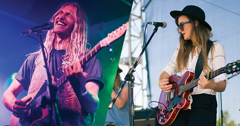 Composite image of Dan White and Natasha Shanks both on stage holding guitars in front of a microphone