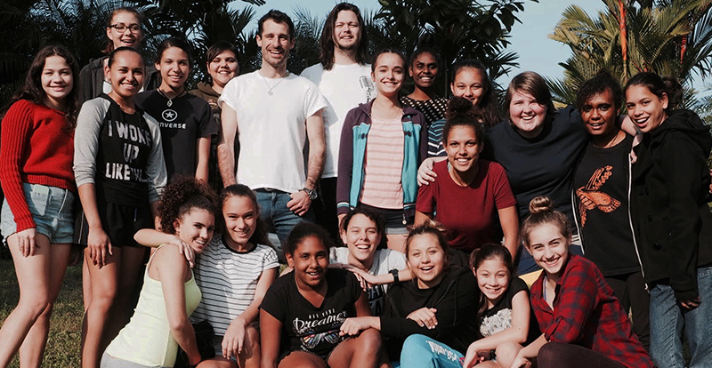Felix Riebl, Ollie McGill and members of Marliya, of the Gondwana Choirs stand together